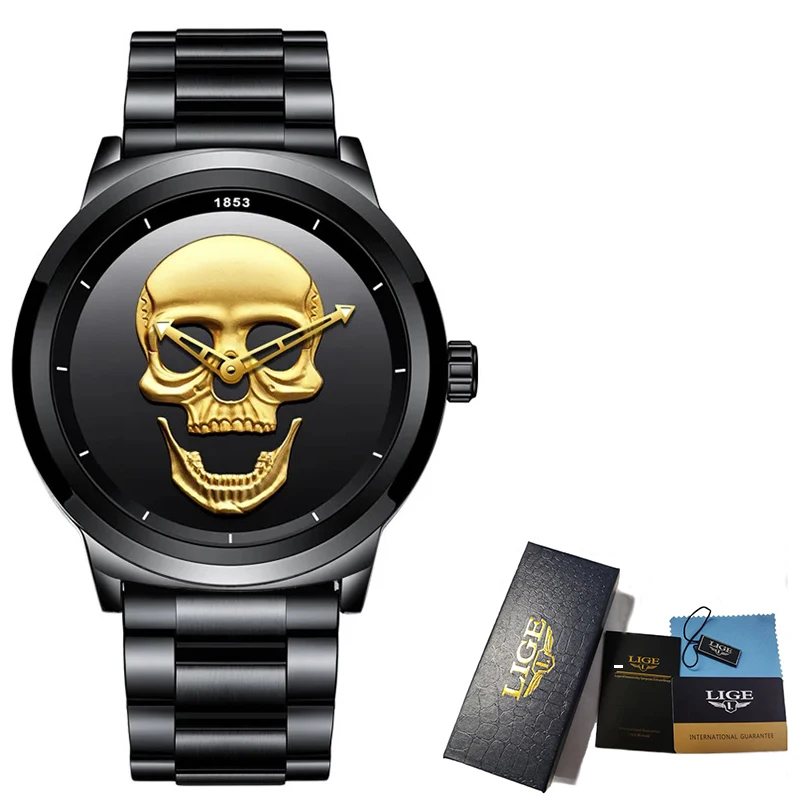 LIGE Top Brand Fashion Quartz Man Watch Creative 3D Skull Stainless Steel Watchs for Men Casual Business Waterproof Male Clocks