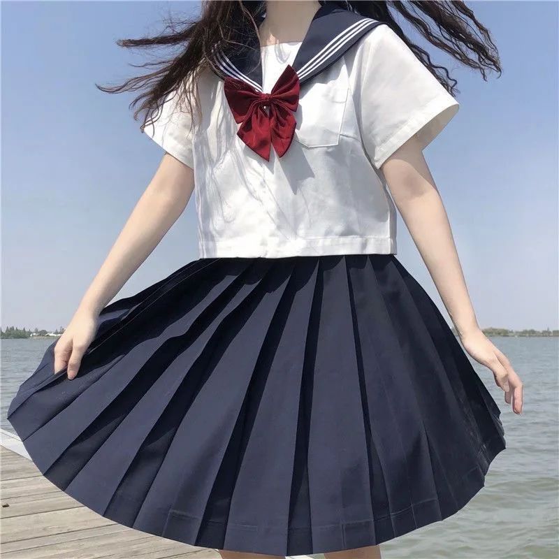 Japanse School Uniform Meisjes Plus Size Jk Pak Rode Stropdas Wit Drie Basic Matroos Uniform Vrouwen Lange Mouw Pak