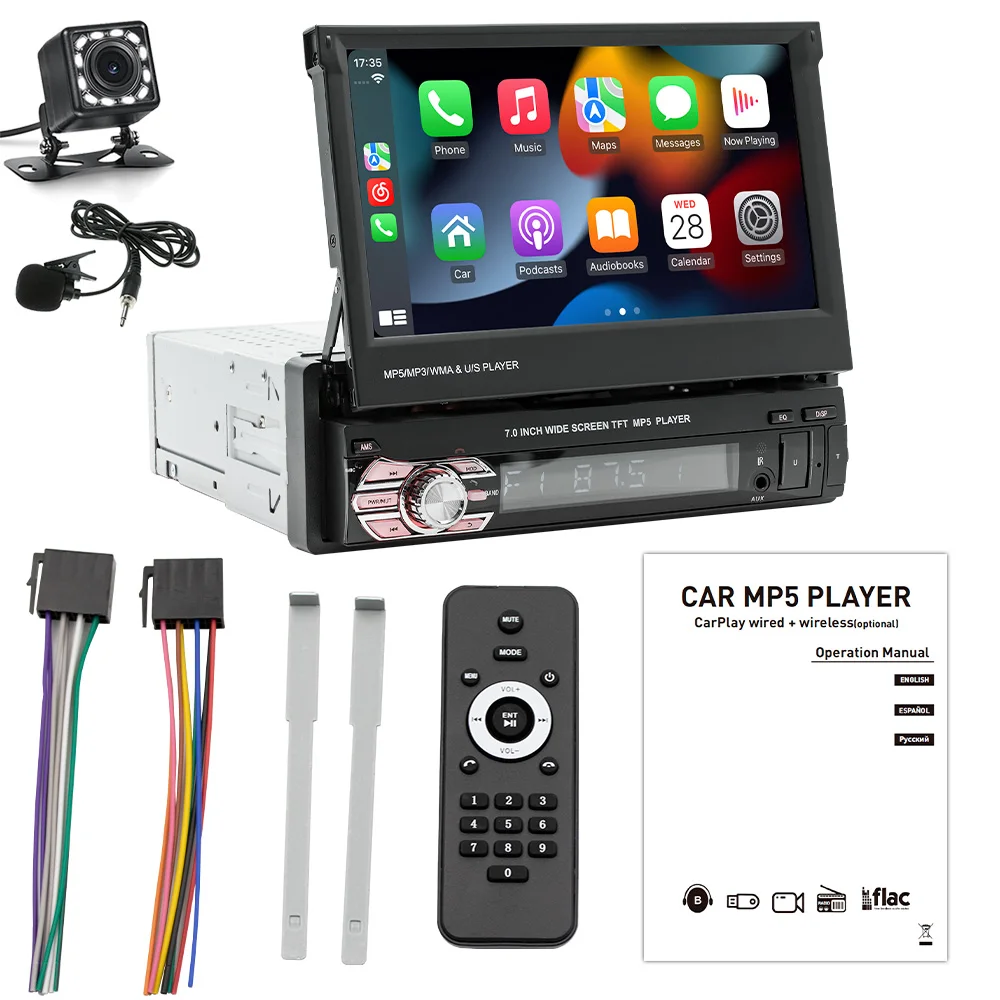 ESSGOO Enkele DIN 7Inch CarPlay Android Auto Universele Autoradio Radio Flip Out HD Touchscreen FM AM BT USB AUX Mirror Link SWC - afbeelding 1