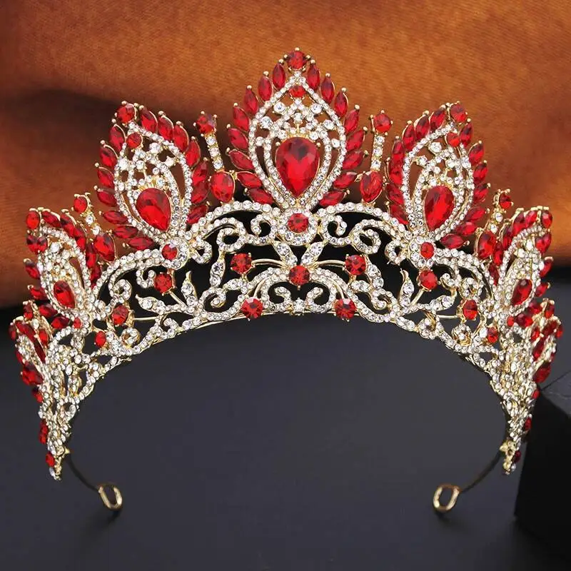 AB Color Royal Queen Bride Tiara Crowns For Women Red Green Big Diadem Bridal Wedding Party Crown Hair Dress Jewelry Accessories