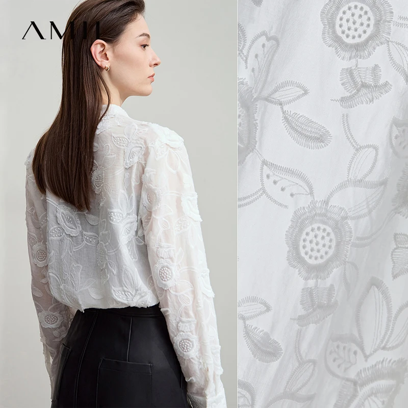 AMII 2025 خريف جديد أنيق التطريز قميص نسائي الوقوف طوق واسعة الكتف مكتب سيدة فضفاضة البلوزات النساء بلايز 12543066