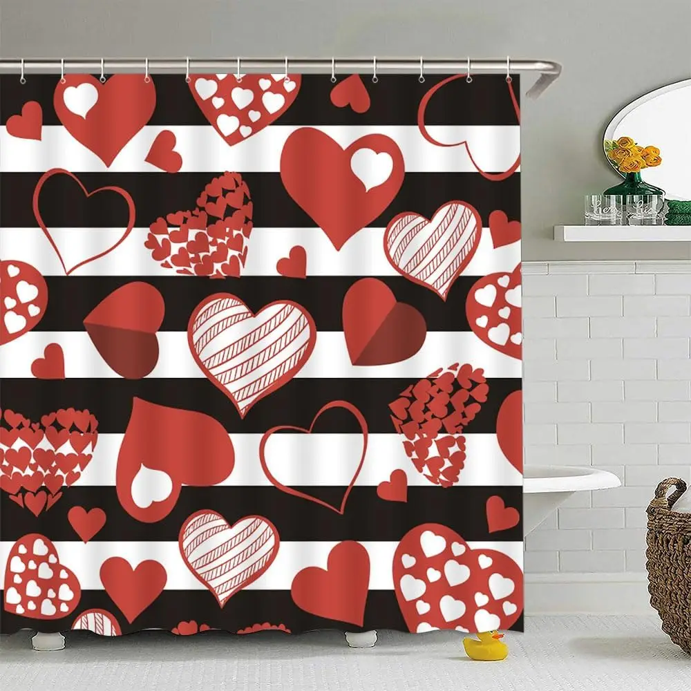 

Valentine's Day Heart Shower Curtain Black White Stripes Pink Red Sweet Romantic Lover Couple Women Girls Gifts Elegant Charming