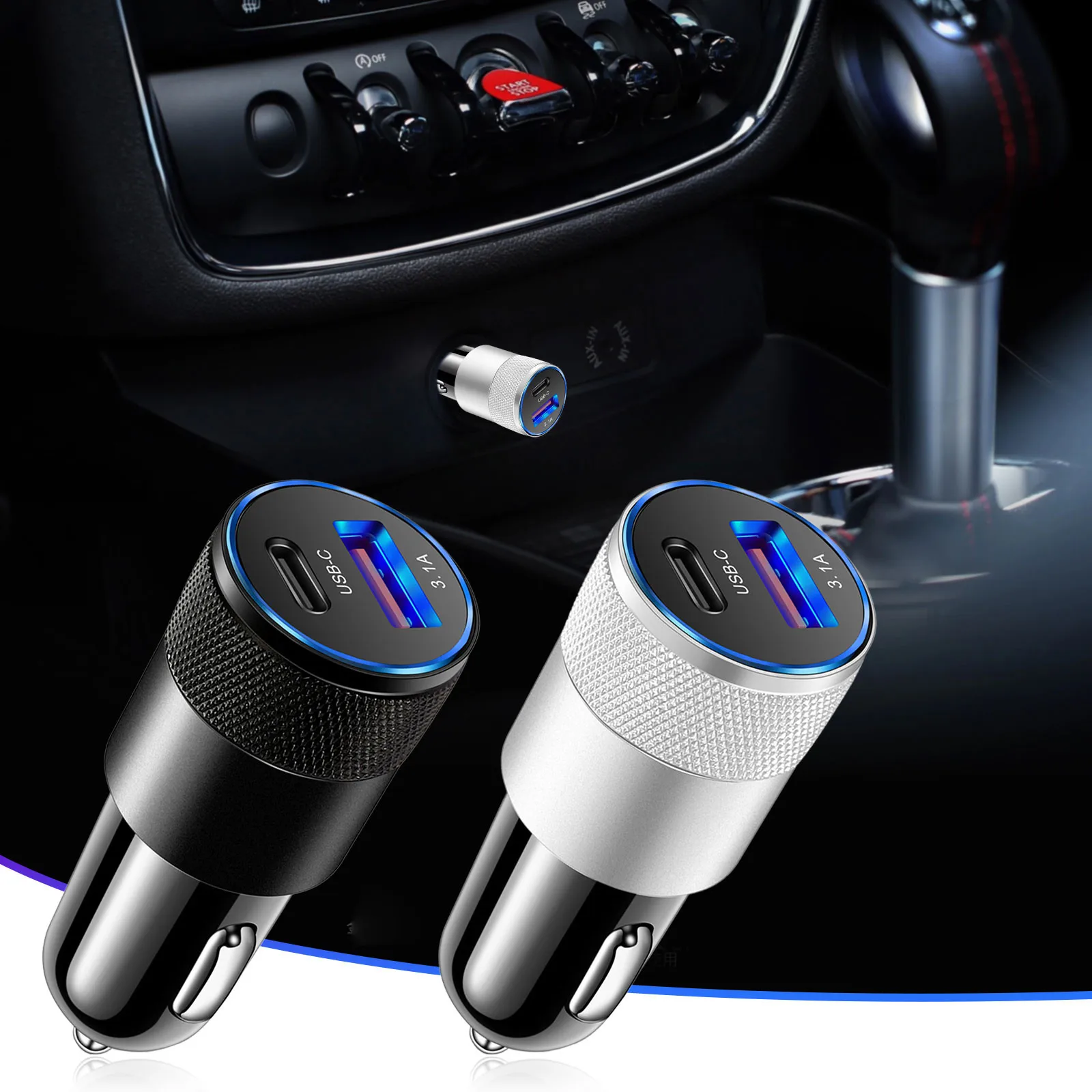 Metal Car 15w Mobile Charger + Phone Aluminum Car Pd Usb Alloy 3.1a Car Charger Charger Car Fm Transmitter 7023b