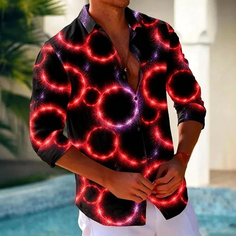 2026 Summer New Men's Colorful Neon Ring Print Long-Sleeve Shirt, Versatile for Everyday Commute, Vacation, Party, and Travel