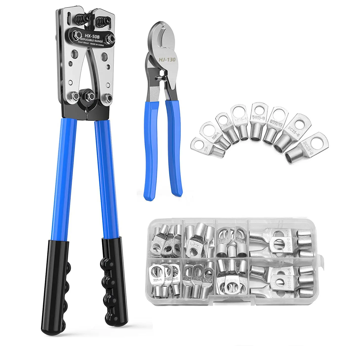 HX-50B Cable Lug Crimping Tool for Heavy Duty Wire Lugs,Battery Terminal,Copper Lugs AWG 8-1/0 with 60pcs Copper Ring Terminals