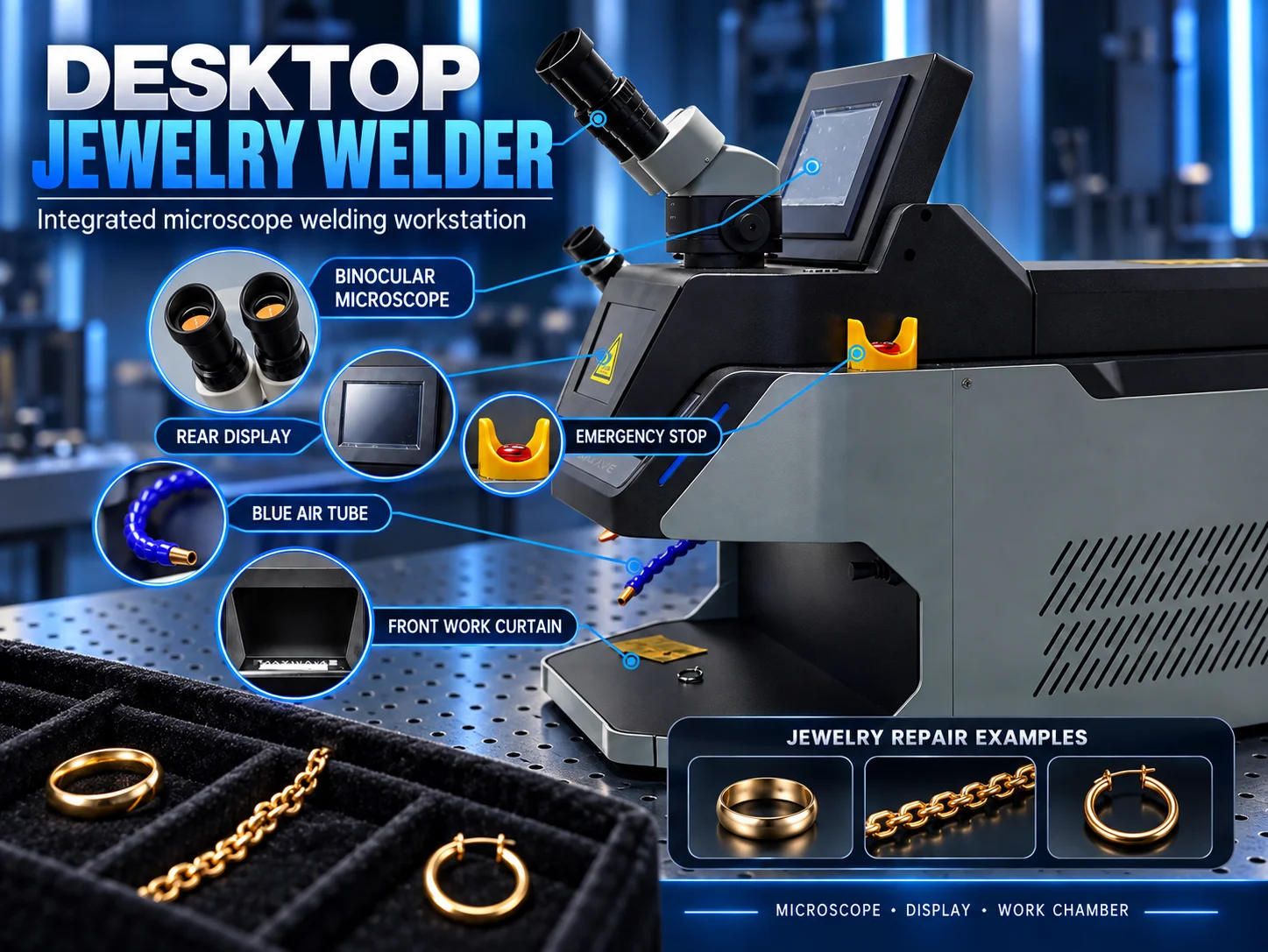 Jewelry Laser Welding System with Binocular Microscope, Front Work Chamber, Flexible Blue Air Tube and Black Silver Cabinet