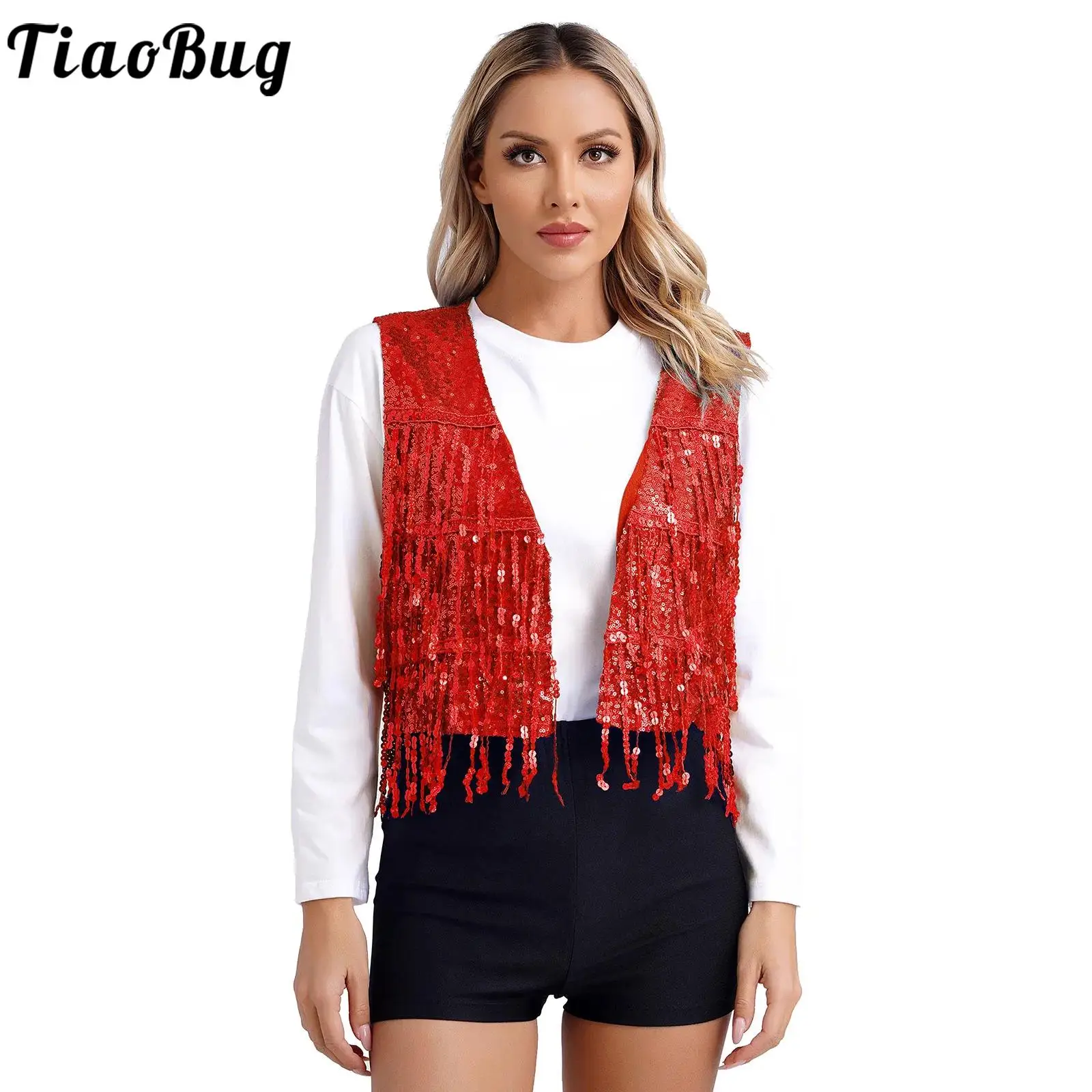 

Womens Sequin Fringed Vest Dance Tops Glitter Sleeveless Tassel Jackets Coat Open Front Waistcoat Party Prom Dress Up Clubwear