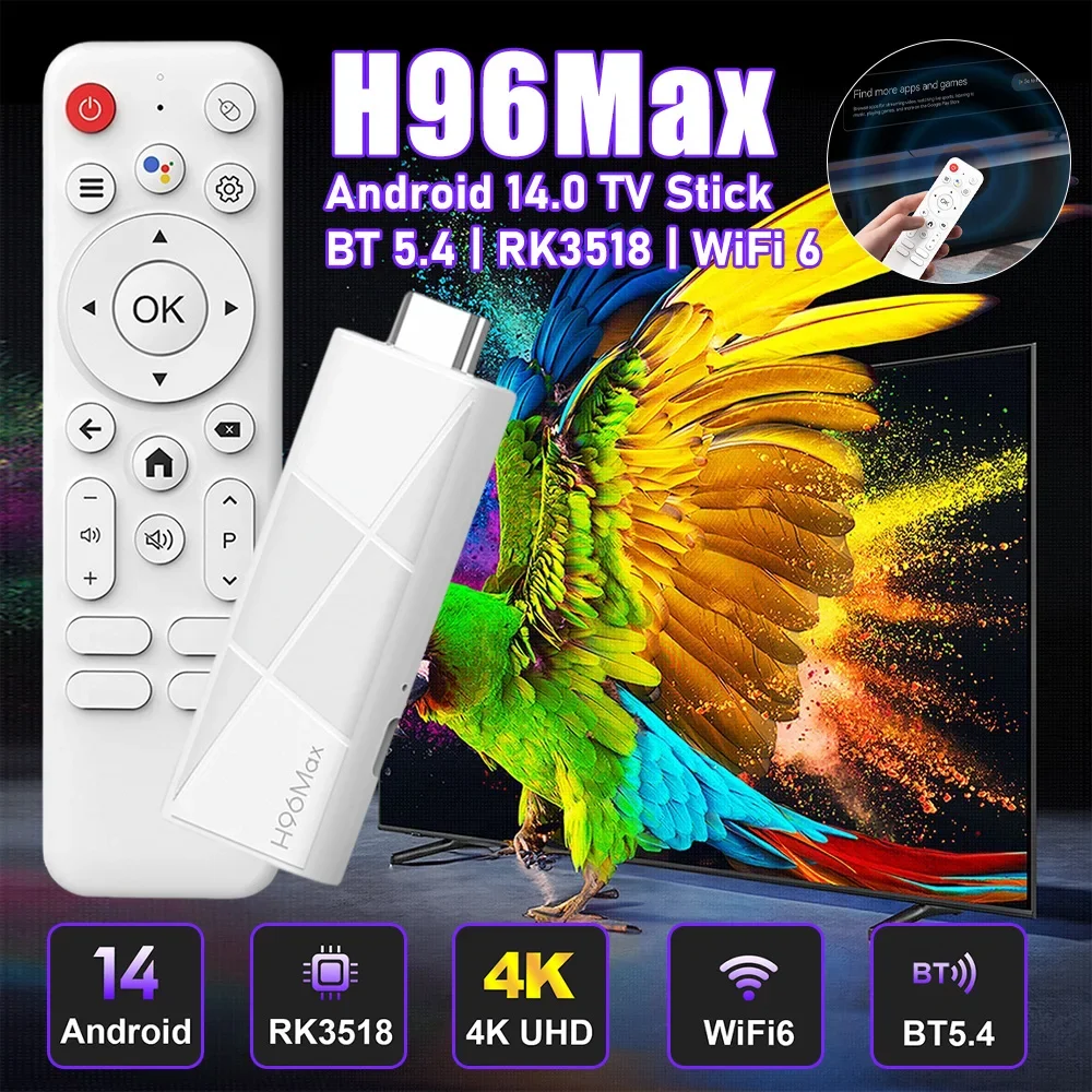 H96 MAX RK3518 Mini TV Stick Quad Core Android 14 Smart TV Box 4K HD Smart Home Player Voice Control