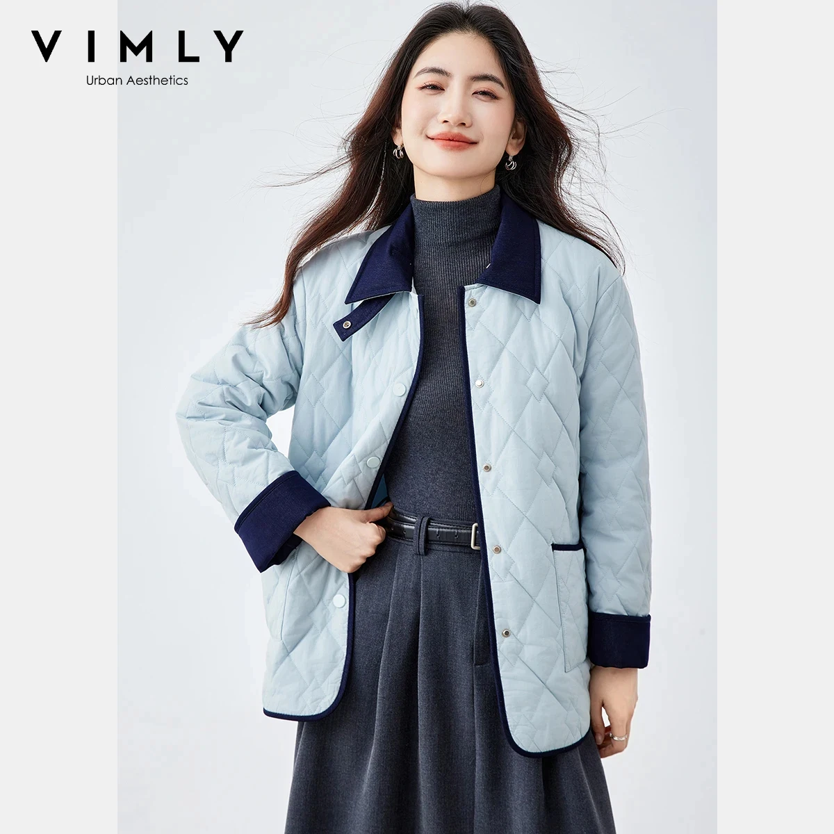 

VIMLY женские стеганые пальто повседневные цветные блоки поло с воротником-поло синие короткие парки свободные женские зимние куртки с ромбовидной подкладкой 2025 A3316