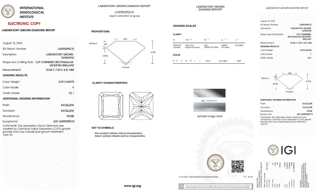 AEAW Radiant Cut Lab Grown Diamonds CVD  Loose VS1 F  3.09ct