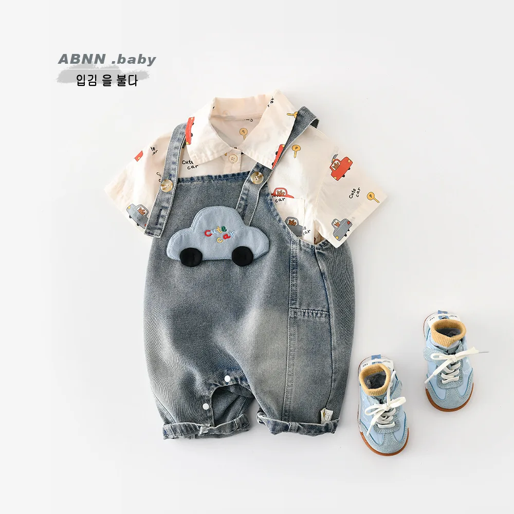 2026 Baby Boys Summer Cartoon Car Shirt & Denim Suspender Pants 2PCS Outfits Soft Casual Toddler Kids Daily Outdoor Wear