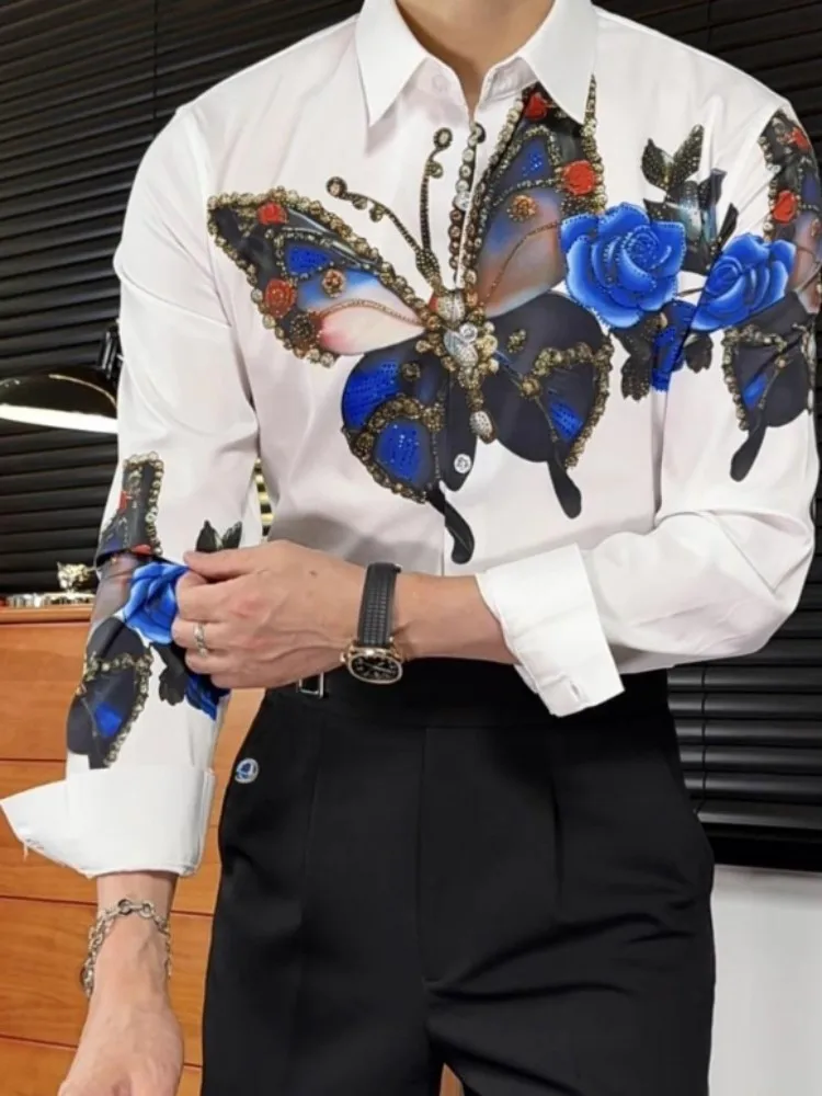 Fashion Printed Butterfly Diamond Mens Shirt Long Sleeved Chic Slim Fit Stage Tops Turndown Collar Single Breasted Dance Shirts