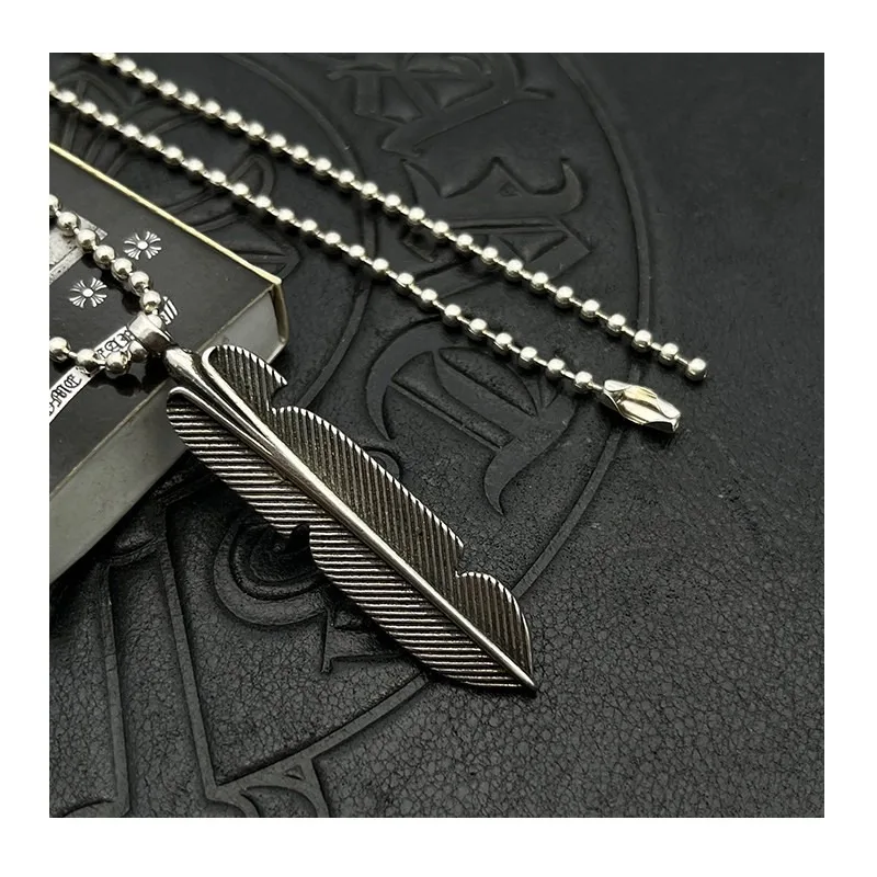

Punk Hip Hop Feather Necklace Thai Silver Vintage Sweater Chain High Sense Autumn and Winter Jewelry Accessories Heavy Industry