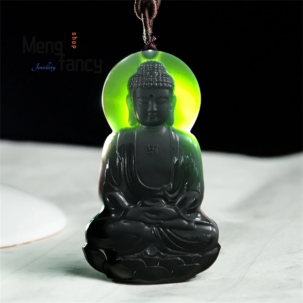 Natural Old Materials Hetian Jade Ink Jade Amitabha Buddha Pendant Zodiac Dog And Pig Patron Saint This Life Buddha Pendant