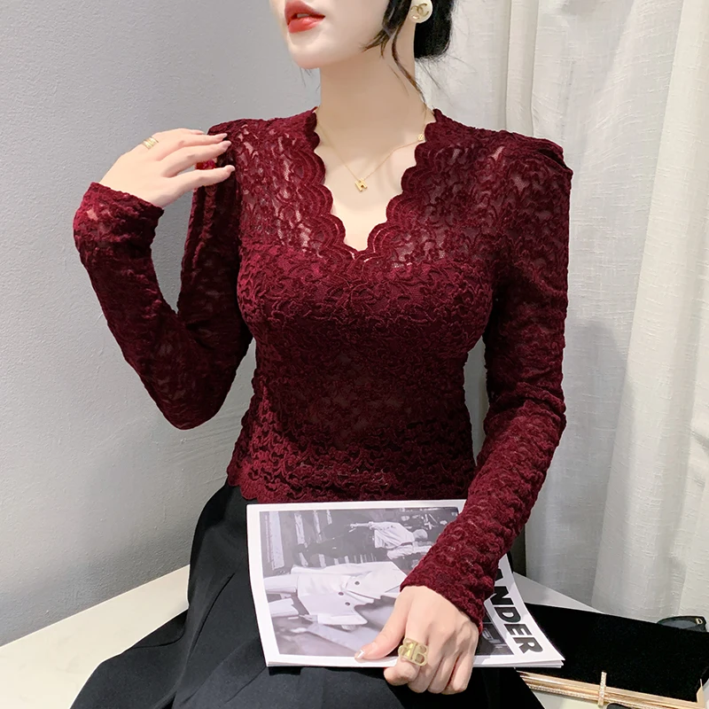 MadBlack New European Clothes Tshirt Women Sexy V Neck Slim Lace Tops Long Puff Sleeve Tees Autumn Winter New T30401JC