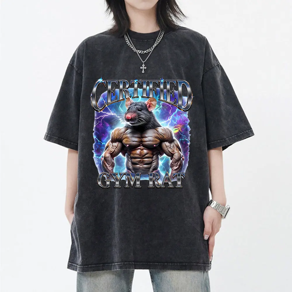 

Сертифицированные футболки с рисунком тренажерного зала Rat Mouse для мужчин и женщин, модная винтажная стираная футболка для фитнеса, бодибилдера, футболки с короткими рукавами, топы