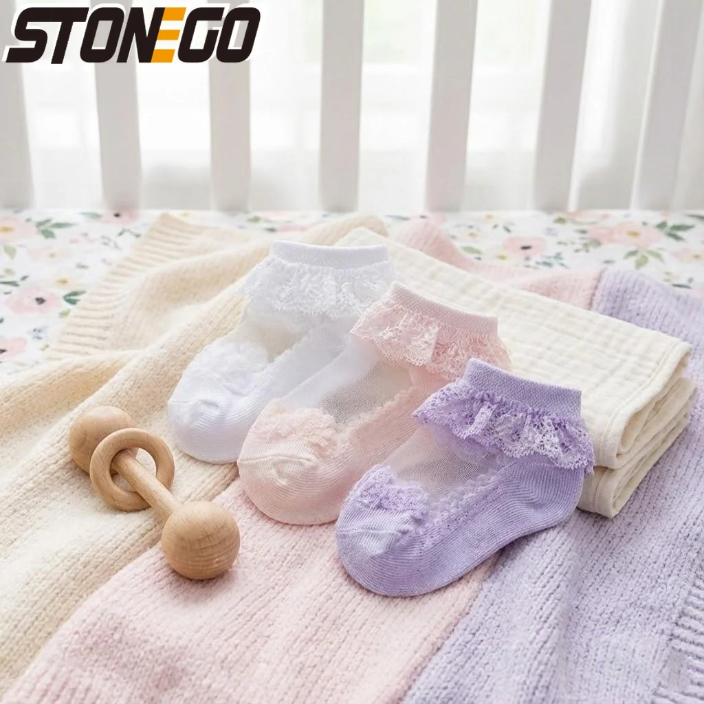 Baby Socks Cotton Lace Flower Non Slip Toddler Socks for Newborns 0-5 Years Unisex Angel Wing Design