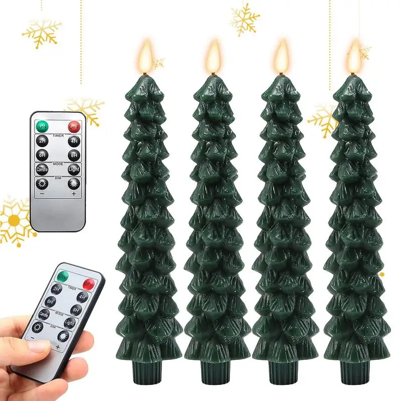 Christmas Flameless Candles Green Led Candlesticks with Timer Remote 9.7Inch Christmas Tree Flameless Candles 3D Flickering