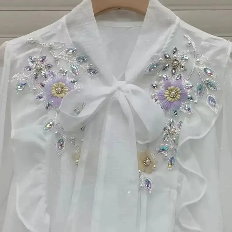 Luxury Style Diamonds Ruffles White Chiffon Shirts for Women 2024 Autumn Blouses Tops Korean Popular Clothes