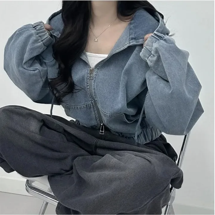 

Women's Short Denim Jacket with Double Zipper And Hood Spring New Style Waist-Cinching Casual Cotton Sweatshirt Top