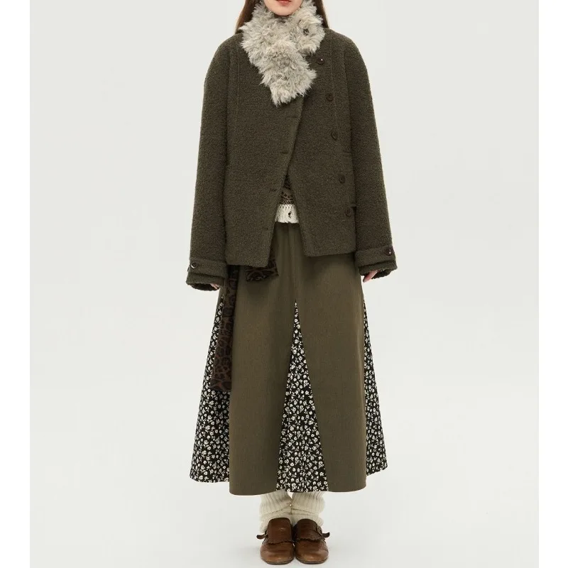 

Mousse Fur Collar Padded Cotton Warm Moss Green Woolen Coat 2025 Winter New Small Coat