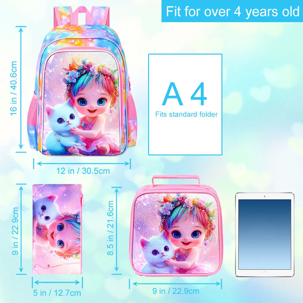 Kid's backpack 16 Inch 3PCS, UV Girl‑WhiteCat Print Large‑Capacity Lightweight Set, One Backpack, One Handbag, One Pencil Case