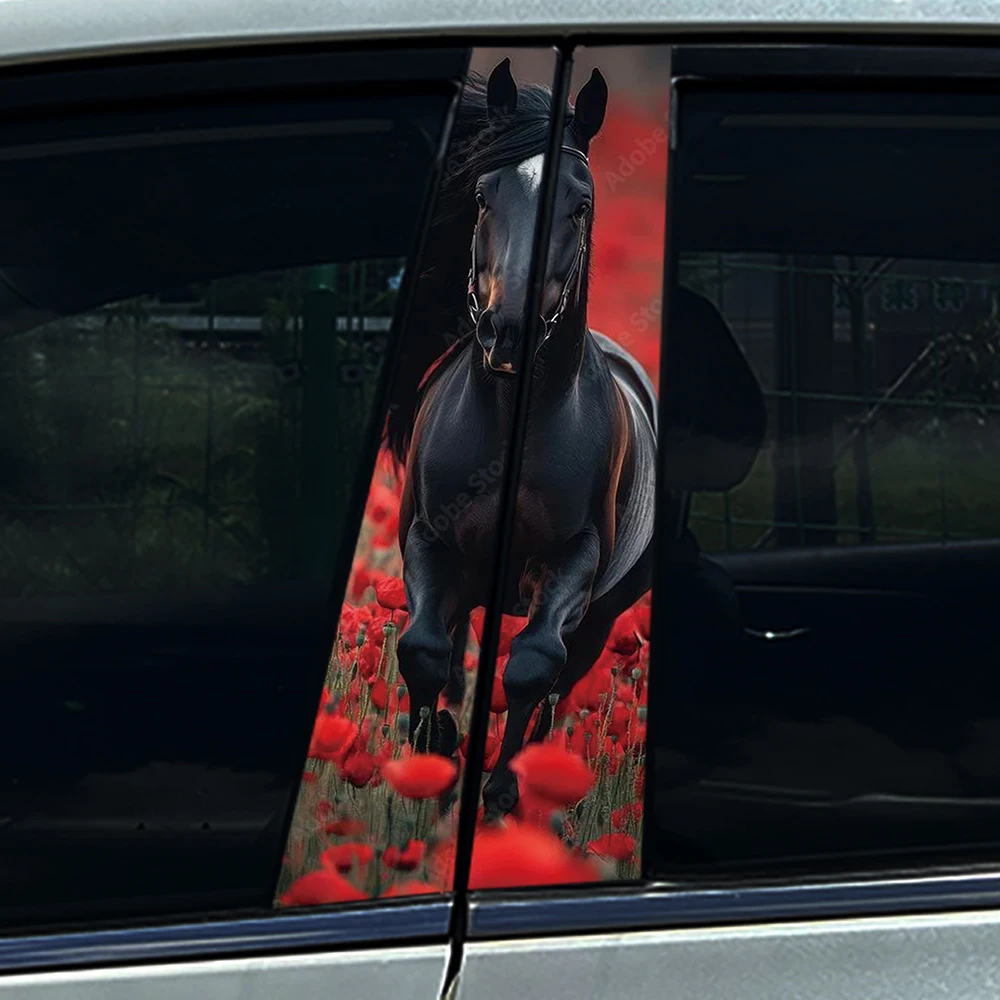 2PCS Black Horse Red Poppy Field Car B Pillar Decal Waterproof Auto Middle Column Cover Sticker Scratch