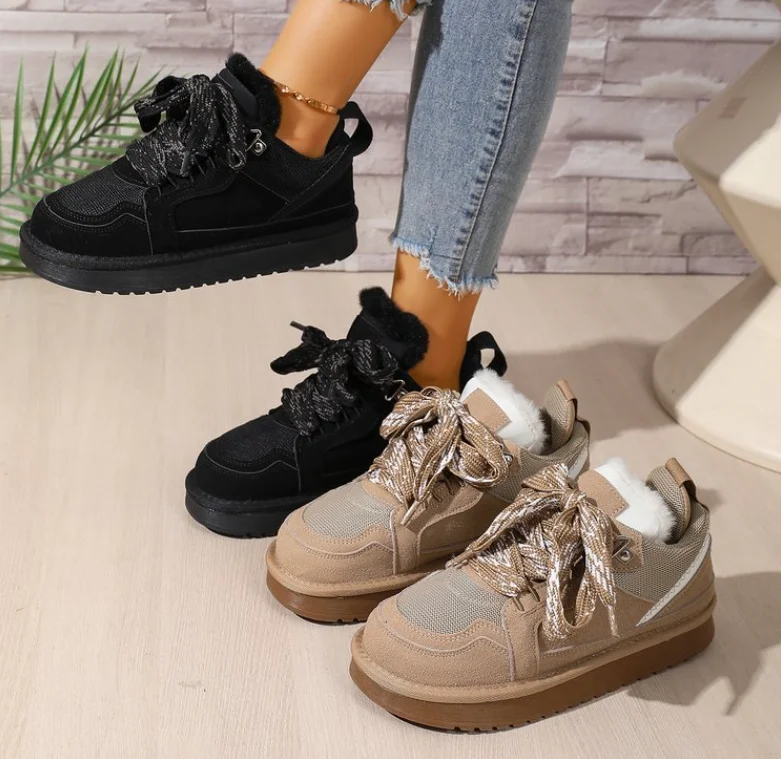Damen Echt-Schaffell-Wollschneestiefel 2026 Neues Design Niedriger Schaft Dicke Sohle Schnürung Natürliches Fell Warme Baumwollschuhe Winter Herren Hausschuhe – Detail 20