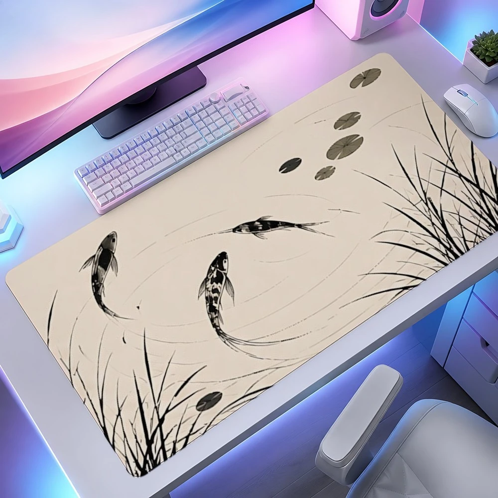 Koi Carp and Lotus Leaf Mouse Pad - Anti-slip Base Desktop Pad. Black/White Ink Wash Style. Simple Elliptical Computer Pad
