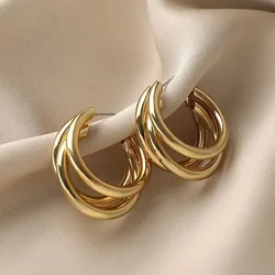 Three-layers Gold Color Women Dangle Earrings C-shaped Hollow Tube Metal Drop Earrings Personality Punk Ear Jewelry Party Gifts