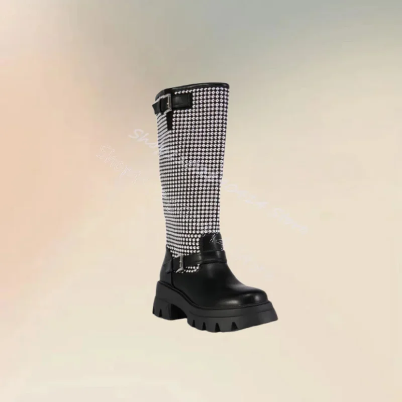 Rhinestone Buckle Decor Black Wave Bottom Boots Slip On Women Shoes Chunky Heels Fashion Party Banquet 2025 Zapatos Para Mujere