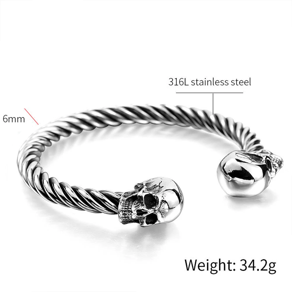 High Quality Stainless Steel Double Skull Bracelet Vintage Men Accessories Skeleton Bangle Fashion Charm Biker Jewelry Wholesale