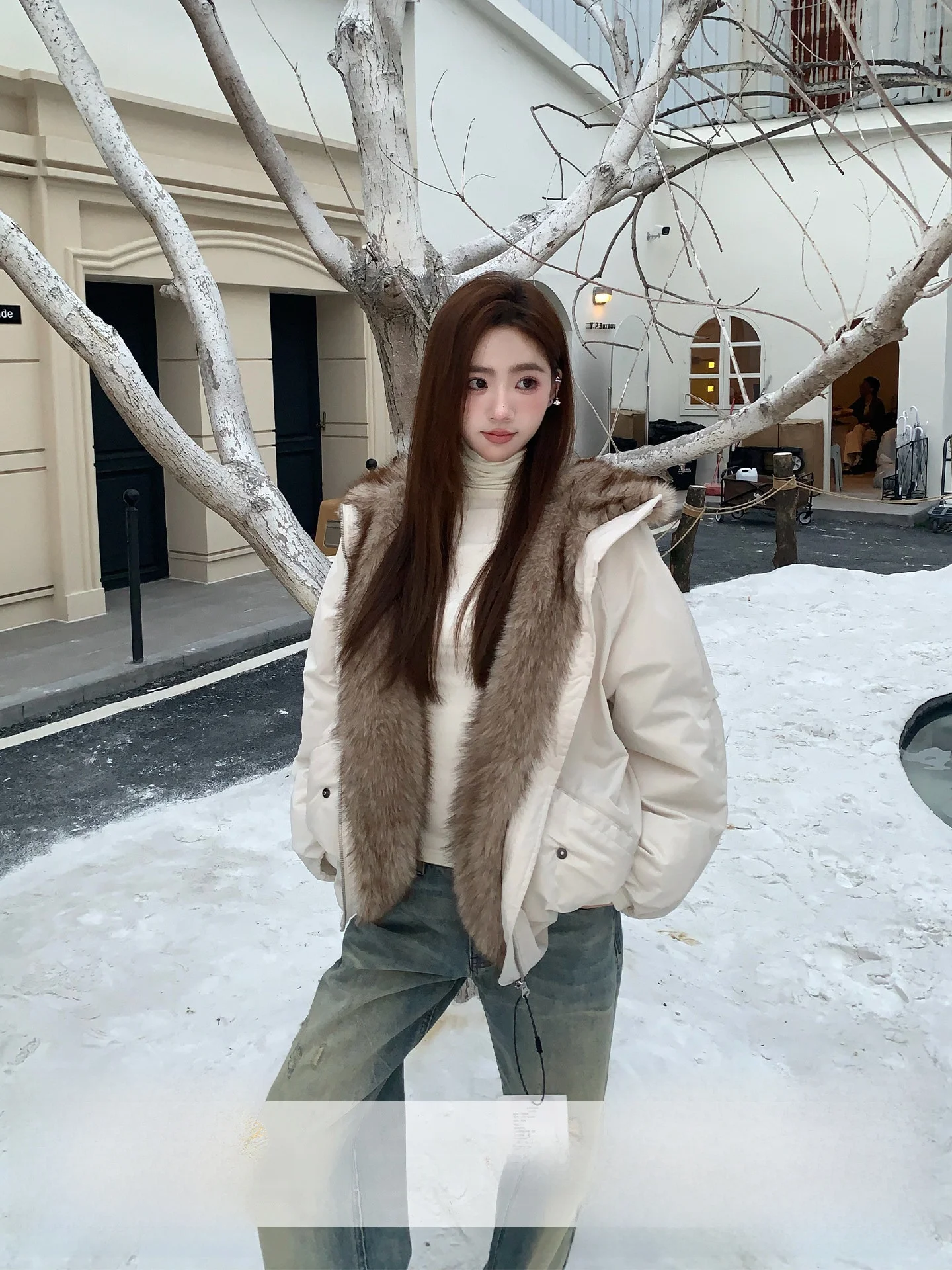 

Limited Time Orange Tree Thiened down Jaet Women's Winter Warmth Eco-Friendly Fur Parka Sli Long Sve Loose Fit