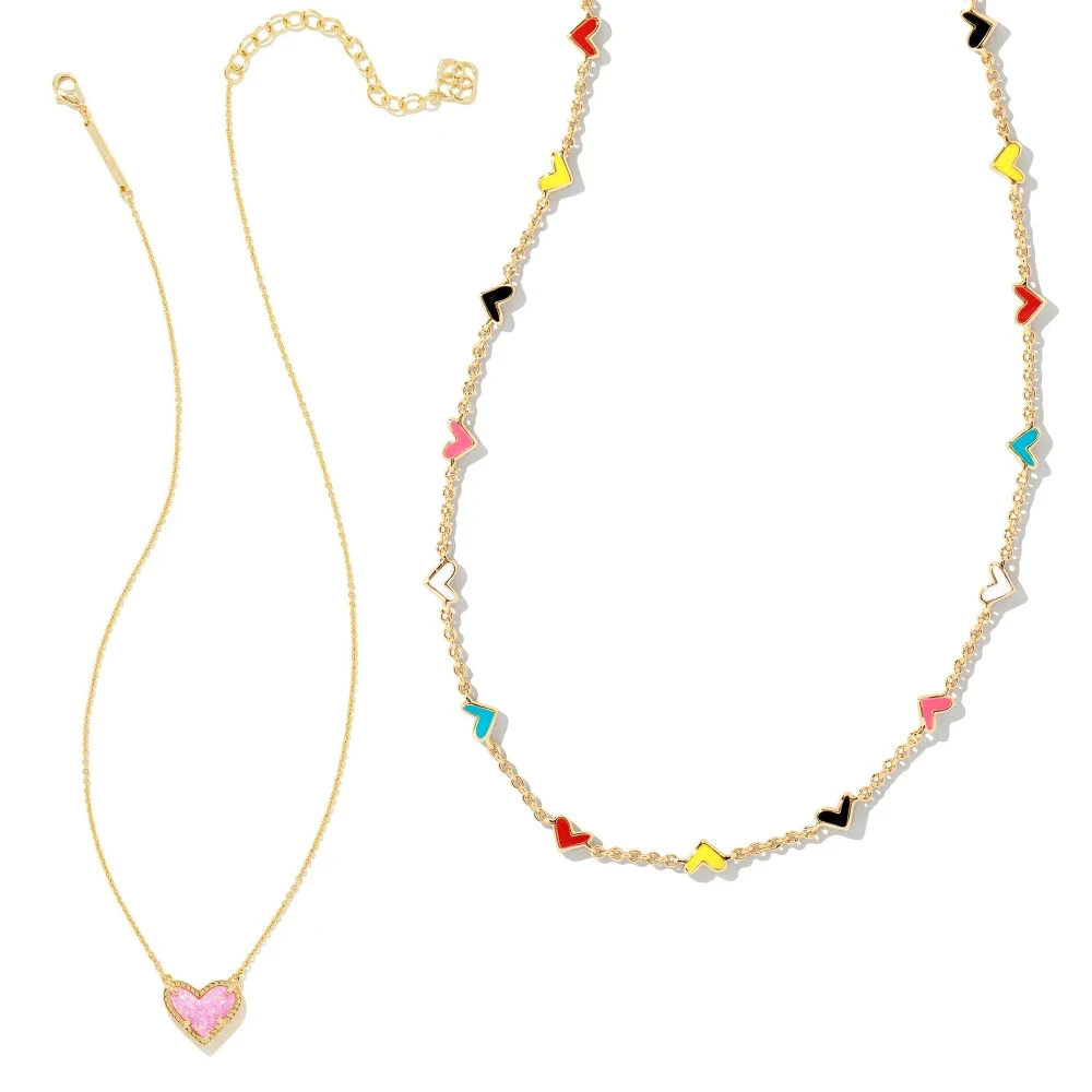 

VKVVA Fashion Jewelry Ari Pink Kyocera Opal Pendant Necklace Multi-Heart Strand Chain Layering Set for Women Unique Gifts