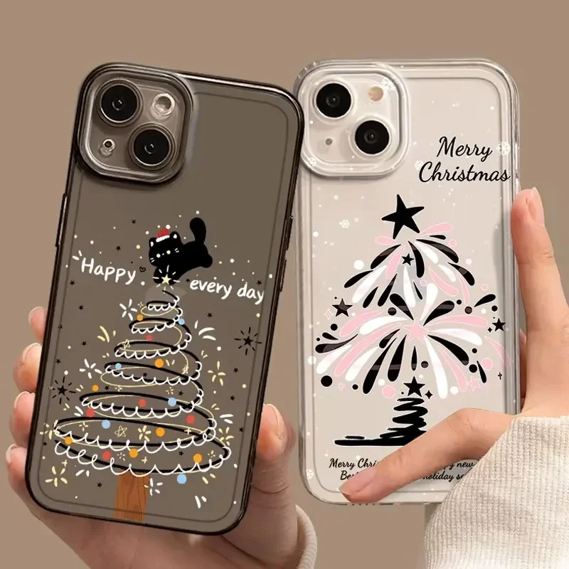 Abstract Marry Christmas Tree Clear Phone Case for IPhone 16 15 11 13 12 14 Pro Max Mini X XS 7 8 Plus Soft Cover New Year Gifts