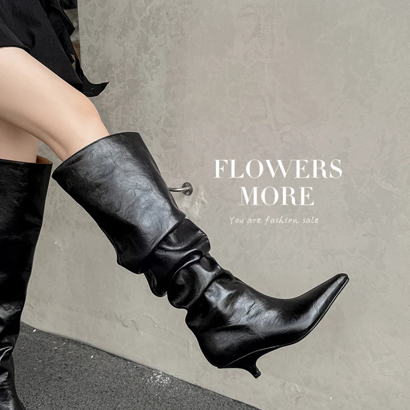 2026 new autumn winter women knee-high boots 22-25cm microfiber leather pointed toe thin high heel  Pile up boots long boots
