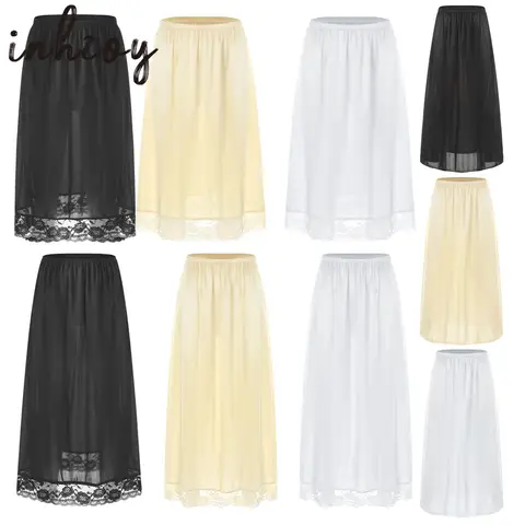 Women Girls Lace Underskirt Ice Silk Smooth Anti-glare Skirt Petticoat Under Dress Long/Short Safety Skirt Half Slip Dress