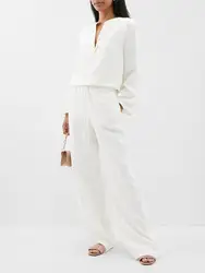 Onecozyday-Conjunto de pantalones informales para mujer, camiseta de manga larga con cuello medio abierto, Top de cintura alta y Pantalones rectos, trajes holgados, novedad de 2024