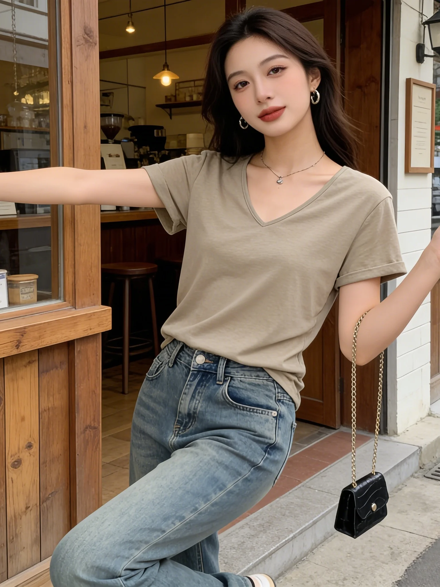 White V-Neck Loose Linen Short Sleeve T-Shirt Women's Summer New Style Unique Beautiful Belly Covering Small Top
