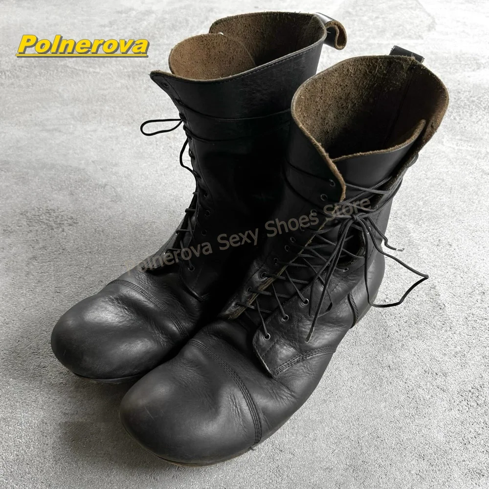 

Vintage Cross Tied Combat Boots Round Toe Chunky Heels Patchwork Retro Mid Calf Gothic Boots 2026 Summer Daily Casual Footwear