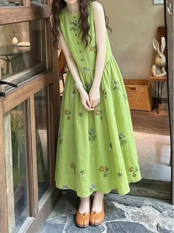 Rustic Floral Print Maxi Dress Women's Sleeveless Waist-Cinched Summer New Style Casual Straight Cut Mid-Thick round Neck Dress
