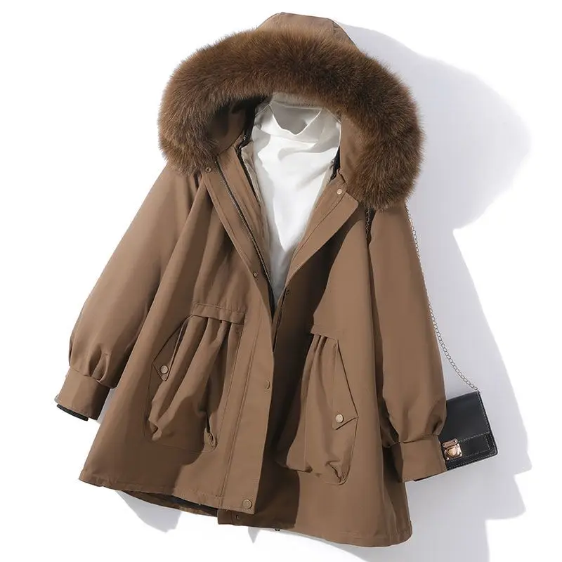 Autumn Winter Cotton Clothes Women Parkas Fashion Windproof Hood Warm Thick Fur Collar Detachable Inner Liner Cotton Coat Women