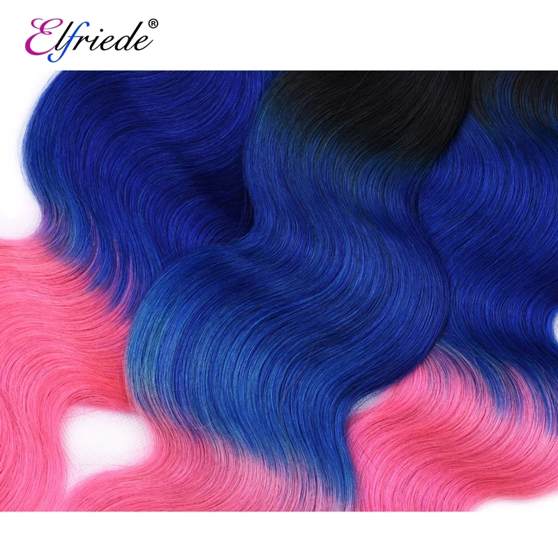 Elfriede Body Wave Precolored #T1B/Blue/Pink Hair Bundles with Frontal Human Hair 3 Bundles with Transparent Lace Frontal 13x4