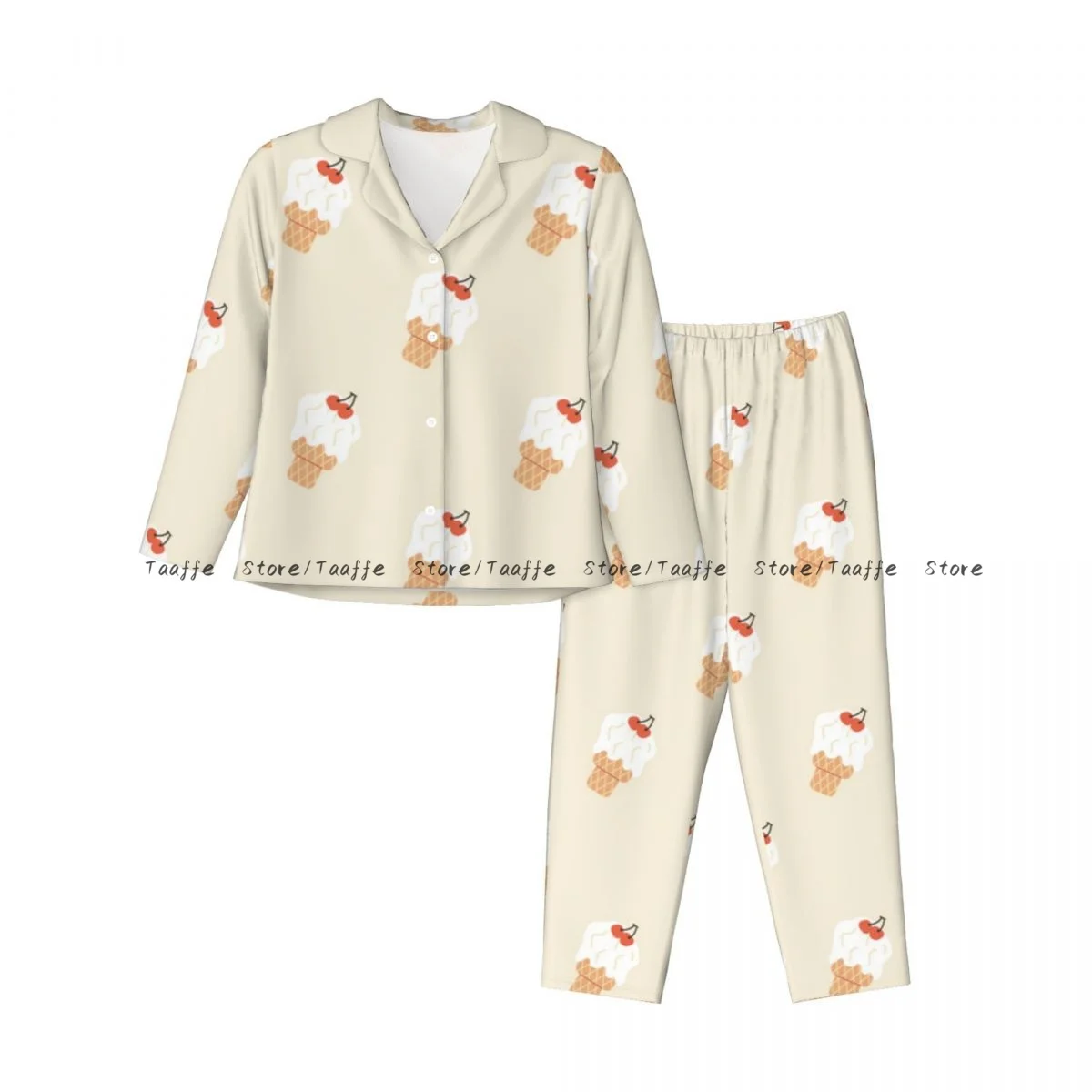 Spring and Autumn Long Sleeve Pants Pajamas Loungewear Set Ice Cream Vintage Background Women's Pull Edge Loose Sleeping Suit