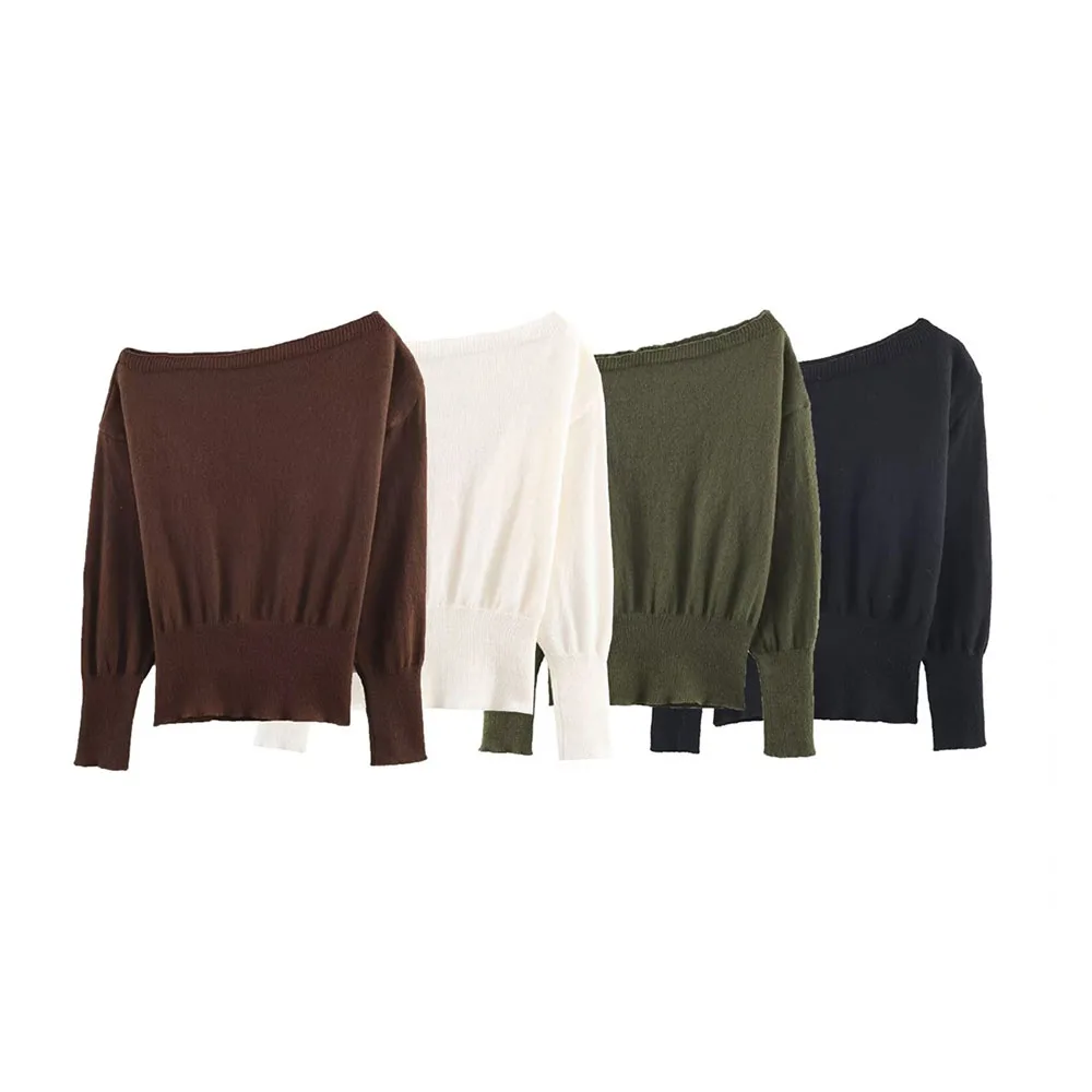 Inverno nova moda feminina simples um pescoço fora do ombro manga comprida camisola de malha
