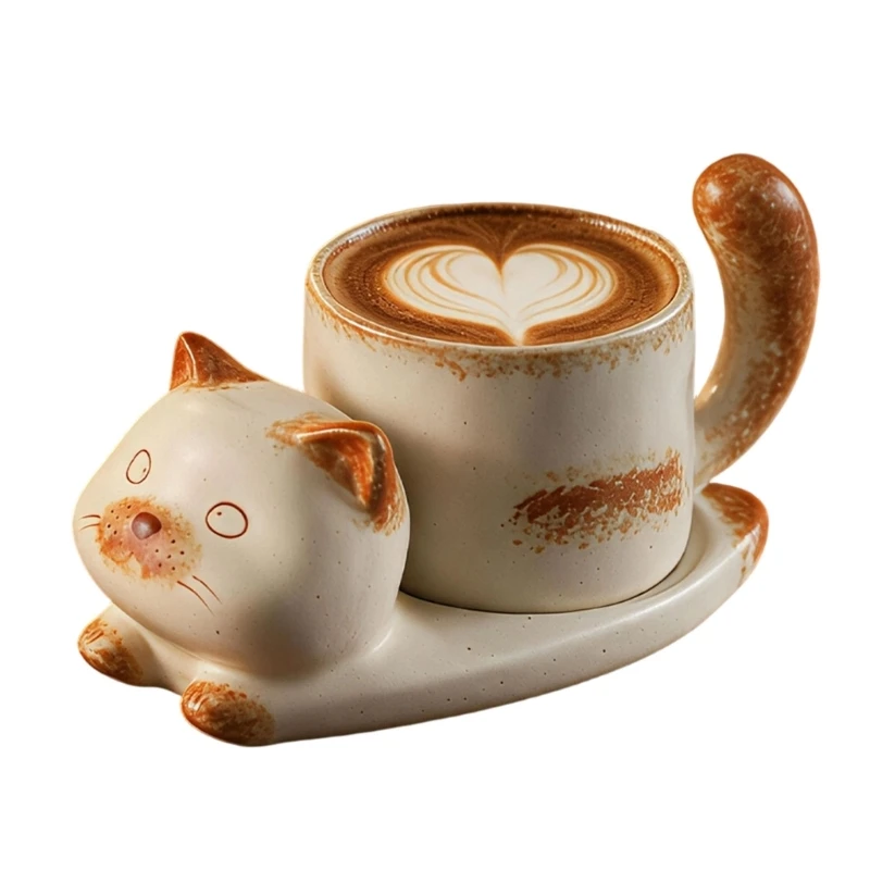 Feline Coffee Cup and Matching Plate Set, Fired-Clay Drinkware with Tail-Form Handle, Lounging-Animal Detail, and a