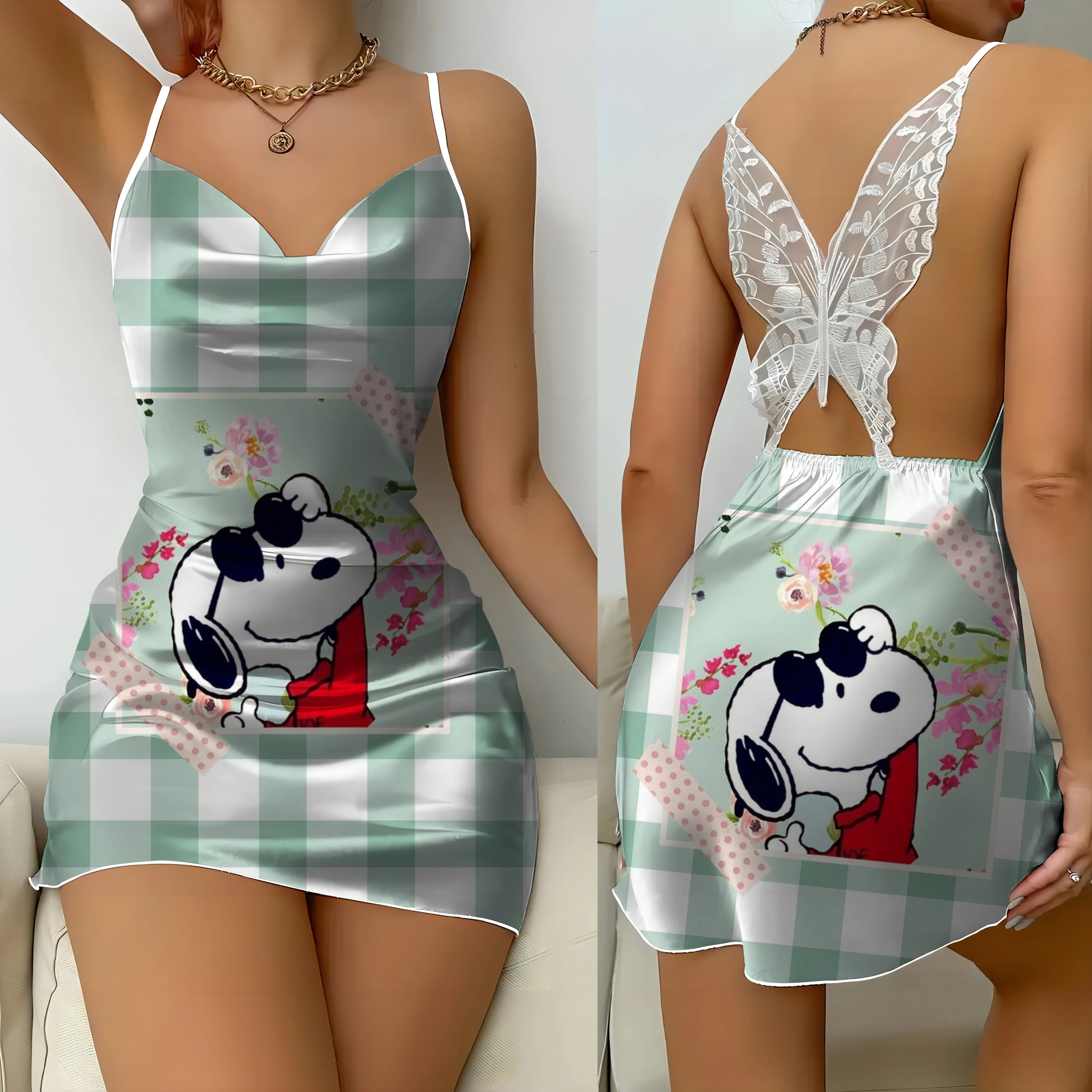 

Snoopy Off Shoulder Womens Dresses Pajama Skirt Lace Dress Bow Knot Satin Surface Fashion Summer 2024 Short Party Mini Sexy Home