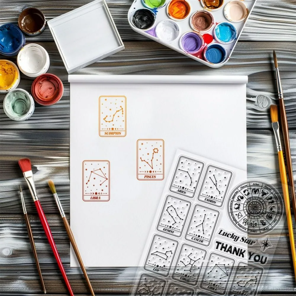 12 Astrology Cards Clear Stamps 12 Constellations Cards Clear Stamps Lucky Star Silicone Stamps for DIY Scrapbooking Photo Album