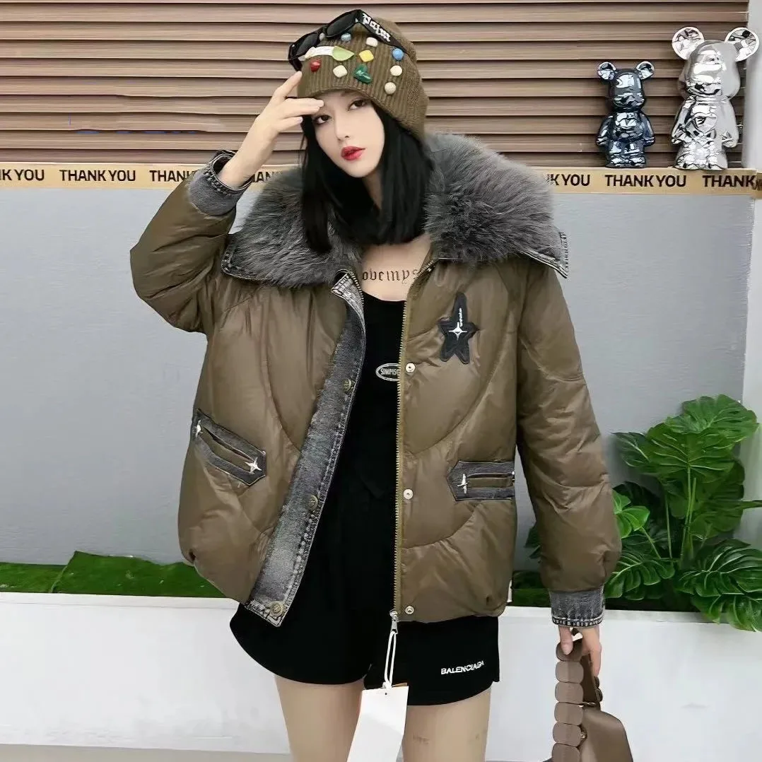 2025 Winter New Down Coats Jacket Womens Denim Patchwork Casual Trend Outerwears Large Fur Collar Thick Warm Short Down Jackets