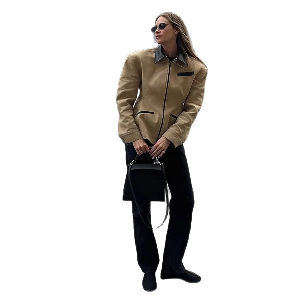 Retro Autumn Women's Motorcycle Jacket Brown Turn Down Collar Zipper Fly Pockets Female's Coat Chic High Street Outwear For Lady